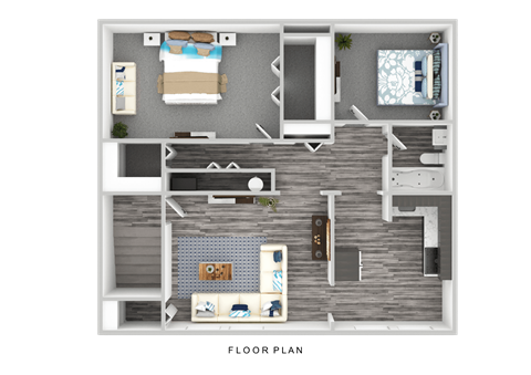 A floor plan of a house with a living room, kitchen, and two bedrooms.